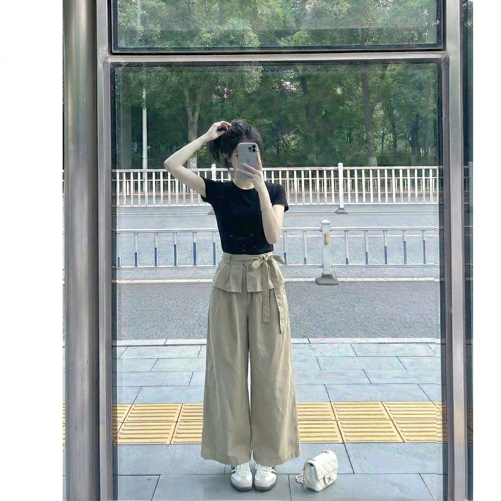 Set bộ nữ áo thun ôm phối quần dài ống rộng cạp lật thắt nơ cá tính phong cách Hàn Quốc HCOM27271