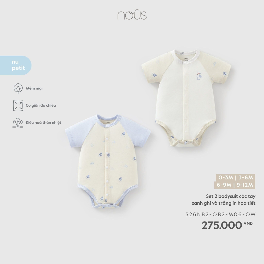 Bodysuit sơ sinh dài tay, cộc tay bé trai, bé gái đủ màu họa tiết Nous Bình Dương