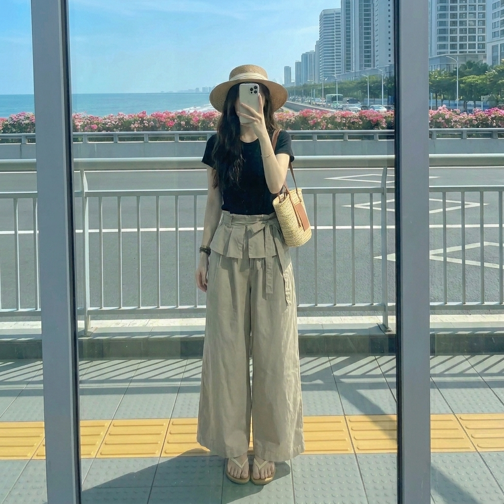 Set bộ nữ áo thun ôm phối quần dài ống rộng cạp lật thắt nơ cá tính phong cách Hàn Quốc HCOM27271