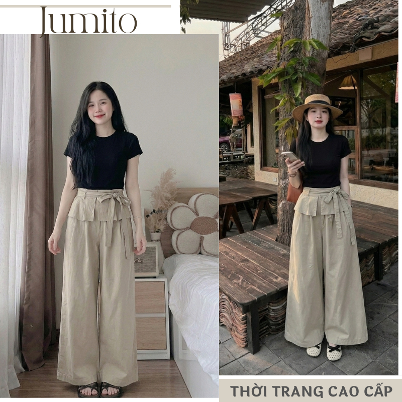 Set bộ nữ áo thun ôm phối quần dài ống rộng cạp lật thắt nơ cá tính phong cách Hàn Quốc HCOM27271