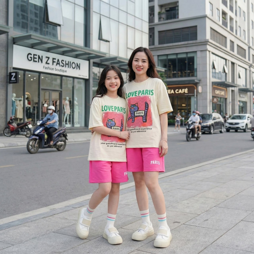 Áo mèo Love Paris, Quần sooc hồng Paris cho bé gái size đại Beeshop H26006A, H26006Q