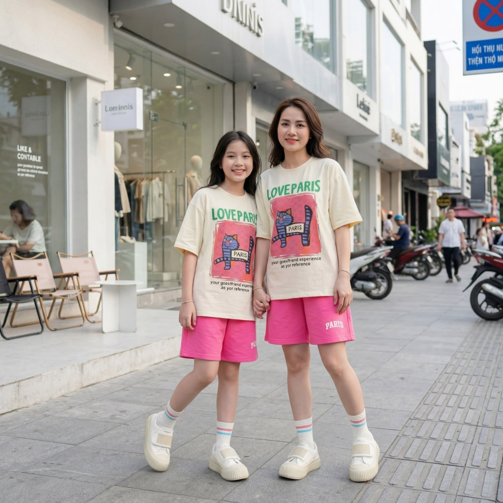 Áo mèo Love Paris, Quần sooc hồng Paris cho bé gái size đại Beeshop H26006A, H26006Q