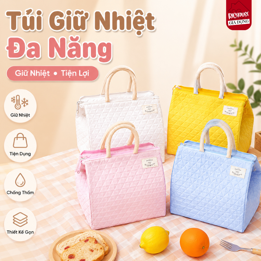 Túi Đựng Cơm Giữ Nhiệt Chống Nước, Túi Giữ Nhiệt Mini Xinh Xắn Họa Tiết Trám Ô, Mang Đồ Ăn Tiện Lợi