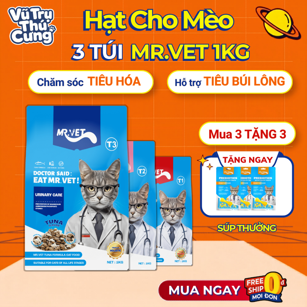[COMBO 3 TÚI] Hạt Mr.Vet Topping Thịt Sấy Không Độn Ngũ Cốc, Hỗ Trợ Mượt Lông Da Cho Mèo