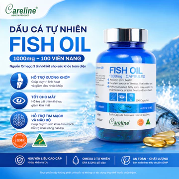 Viên Uống Dầu Cá Bổ Sung Omega 3 Careline Fish Oil 1000mg (Hộp 100 Viên) - Hỗ Trợ Sáng Mắt, Bổ Não, Tim Mạch Chính Hãng