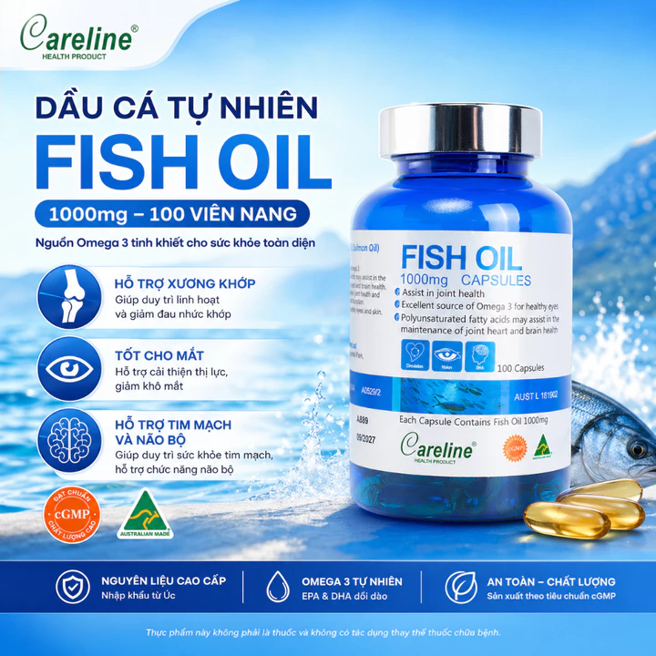 Viên Uống Dầu Cá Bổ Sung Omega 3 Careline Fish Oil 1000mg (Hộp 100 Viên) - Hỗ Trợ Sáng Mắt, Bổ Não, Tim Mạch Chính Hãng