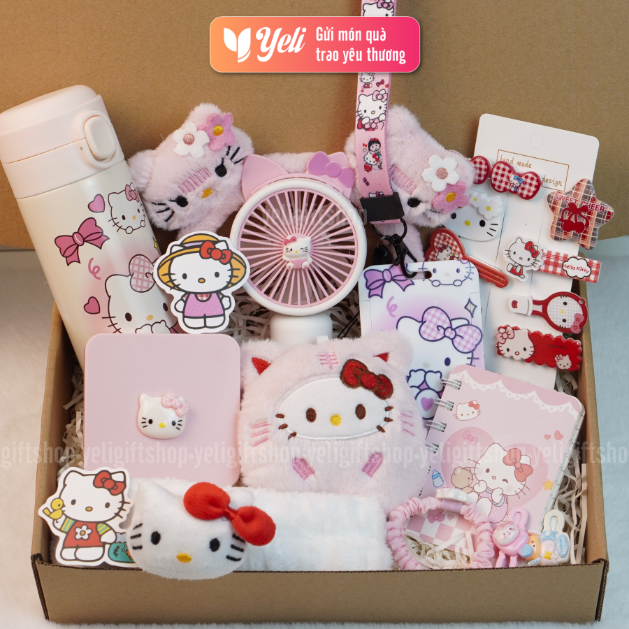 Set Hello Kitty quà tặng, tone hồng, Set quà Hello Kitty phụ kiện dễ thương, xinh xắn, bộ quà tặng Kitty Yeli Shop