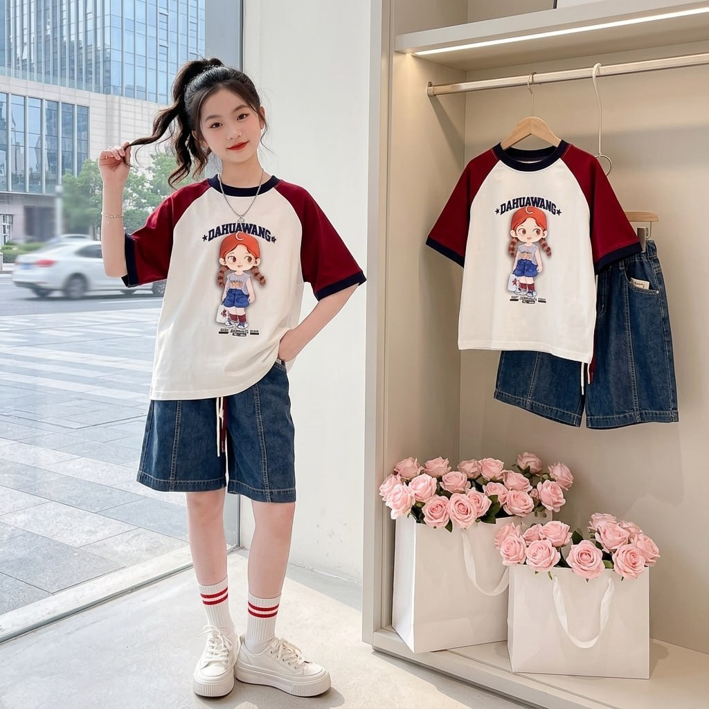 Set quần jean áo cô gái tết tóc cho bé gái size đại BEESHOP H26019