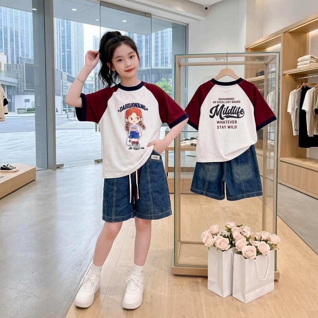 Set quần jean áo cô gái tết tóc cho bé gái size đại BEESHOP H26019