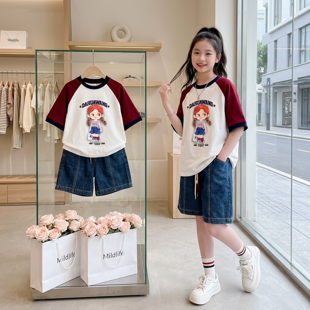 Set quần jean áo cô gái tết tóc cho bé gái size đại BEESHOP H26019