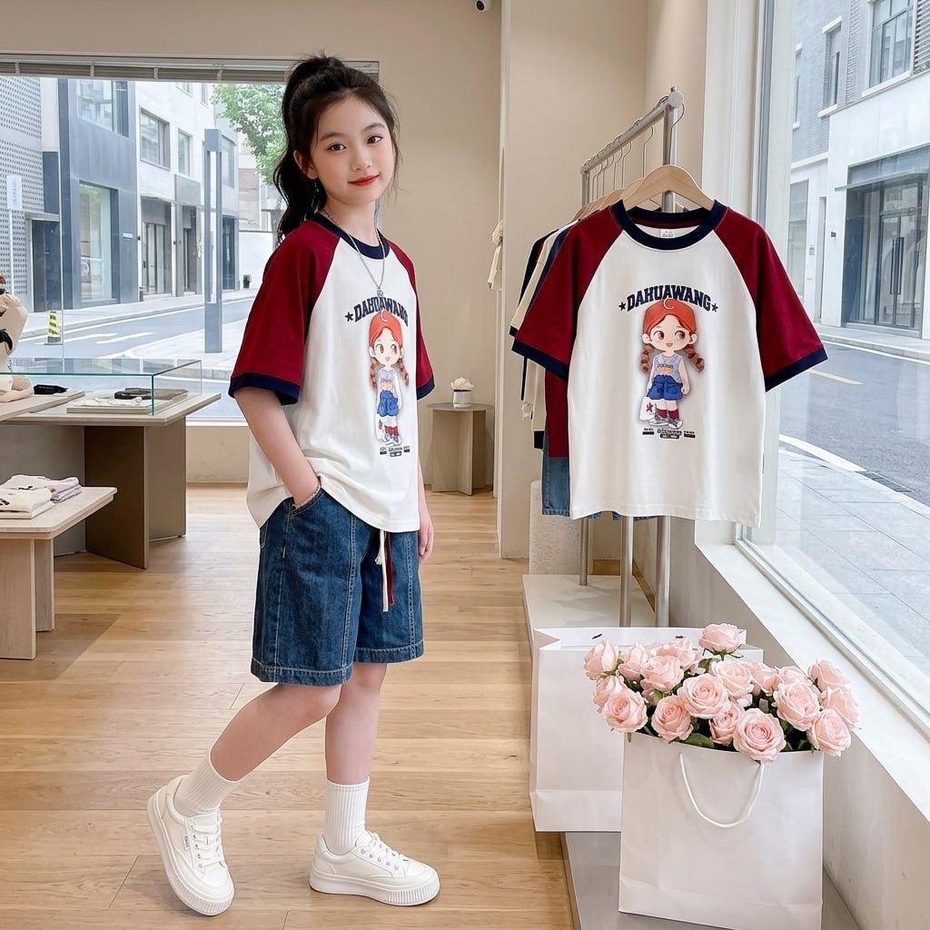 Set quần jean áo cô gái tết tóc cho bé gái size đại BEESHOP H26019