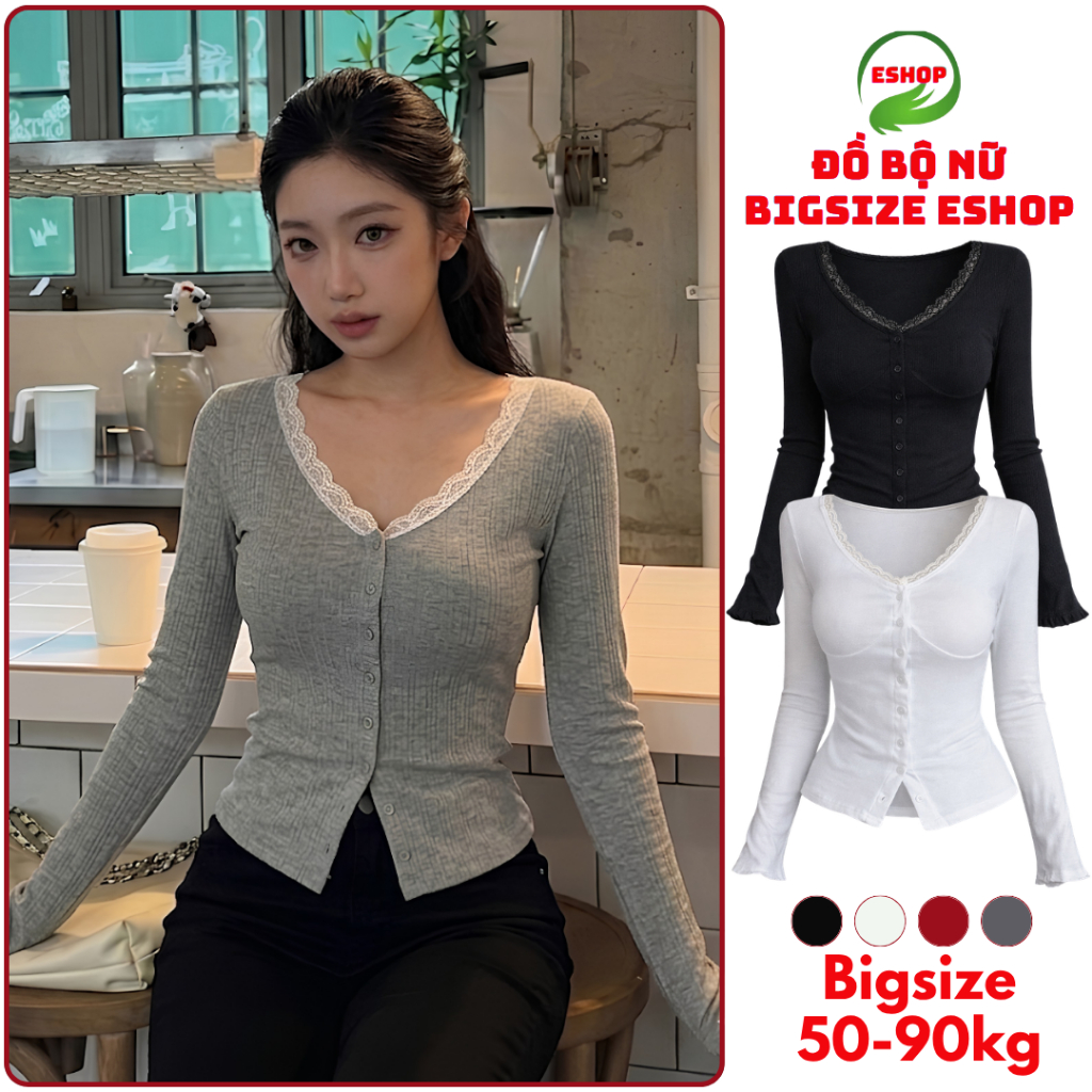 Áo Thun Kiểu Nữ Dài Tay Cổ Chữ V Phối Ren ESHOP Áo Thun Nữ Chất Thun Tăm Mềm Mịn Dễ Phối Đồ Bigsize 45-85kg MS538