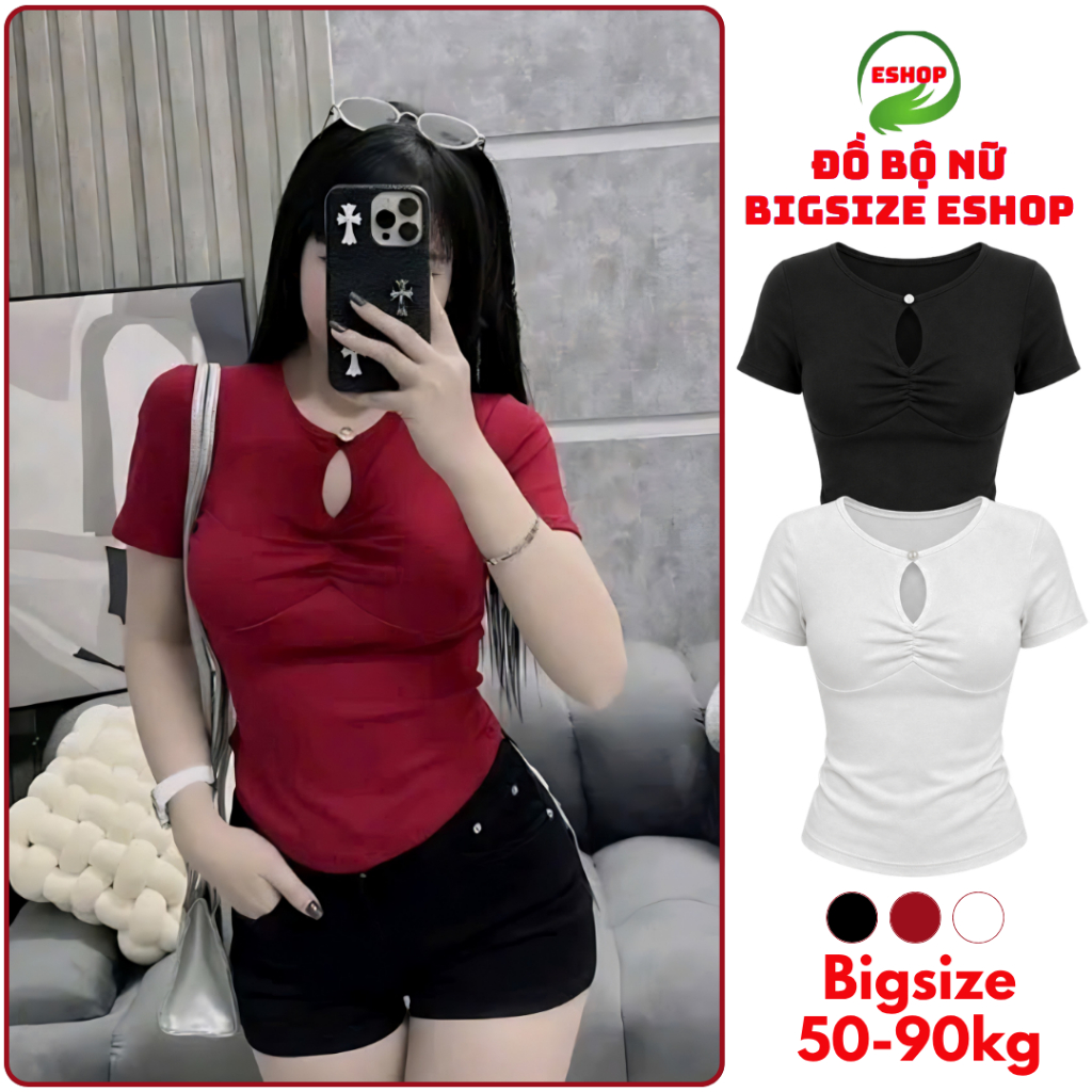 Áo thun nữ bigsize áo thun tay ngắn cổ tim ôm body đẹp dễ thương thun gân tăm co giãn ESHOP áo phong nữ MS377