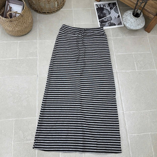 Chân váy cotton hoạ tiết kẻ ngang dáng dài rút dây #180