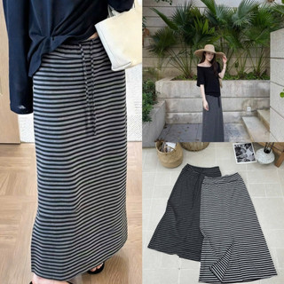 Chân váy cotton hoạ tiết kẻ ngang dáng dài rút dây #180