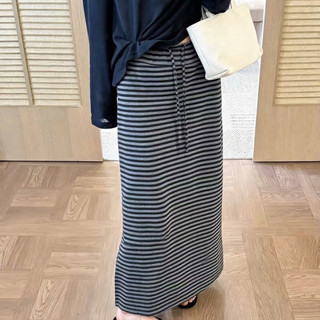 Chân váy cotton hoạ tiết kẻ ngang dáng dài rút dây #180