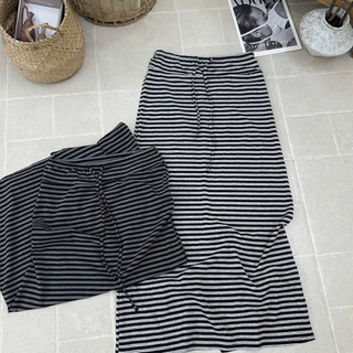 Chân váy cotton hoạ tiết kẻ ngang dáng dài rút dây #180