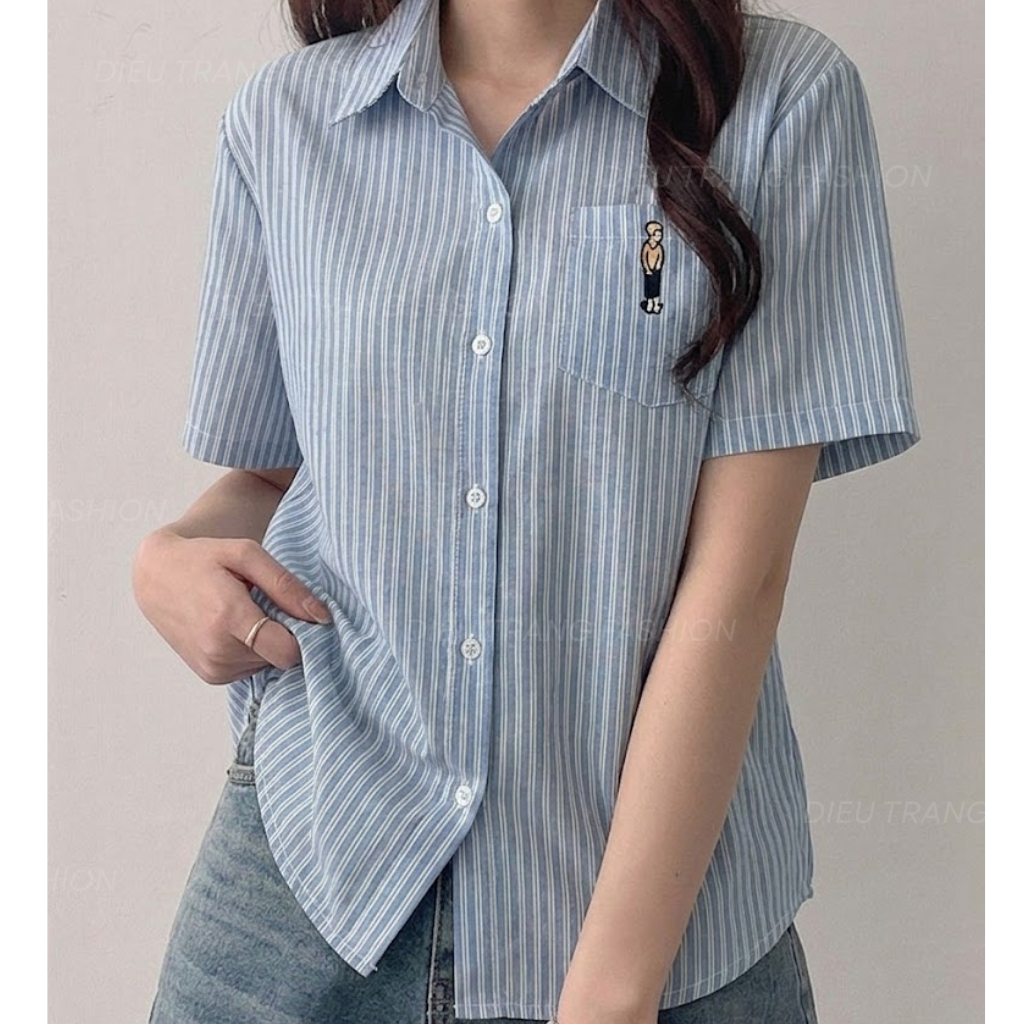 Áo Sơ Mi Nữ Tay Ngắn Kẻ Sọc Chất Linen Form Ôm Tôn Dáng Big Size 55-90Kg AT9025 Diệu Trang Fashion