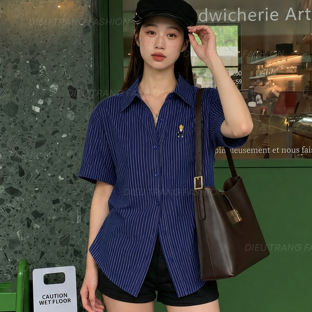 Áo Sơ Mi Nữ Tay Ngắn Kẻ Sọc Chất Linen Form Ôm Tôn Dáng Big Size 55-90Kg AT9025 Diệu Trang Fashion