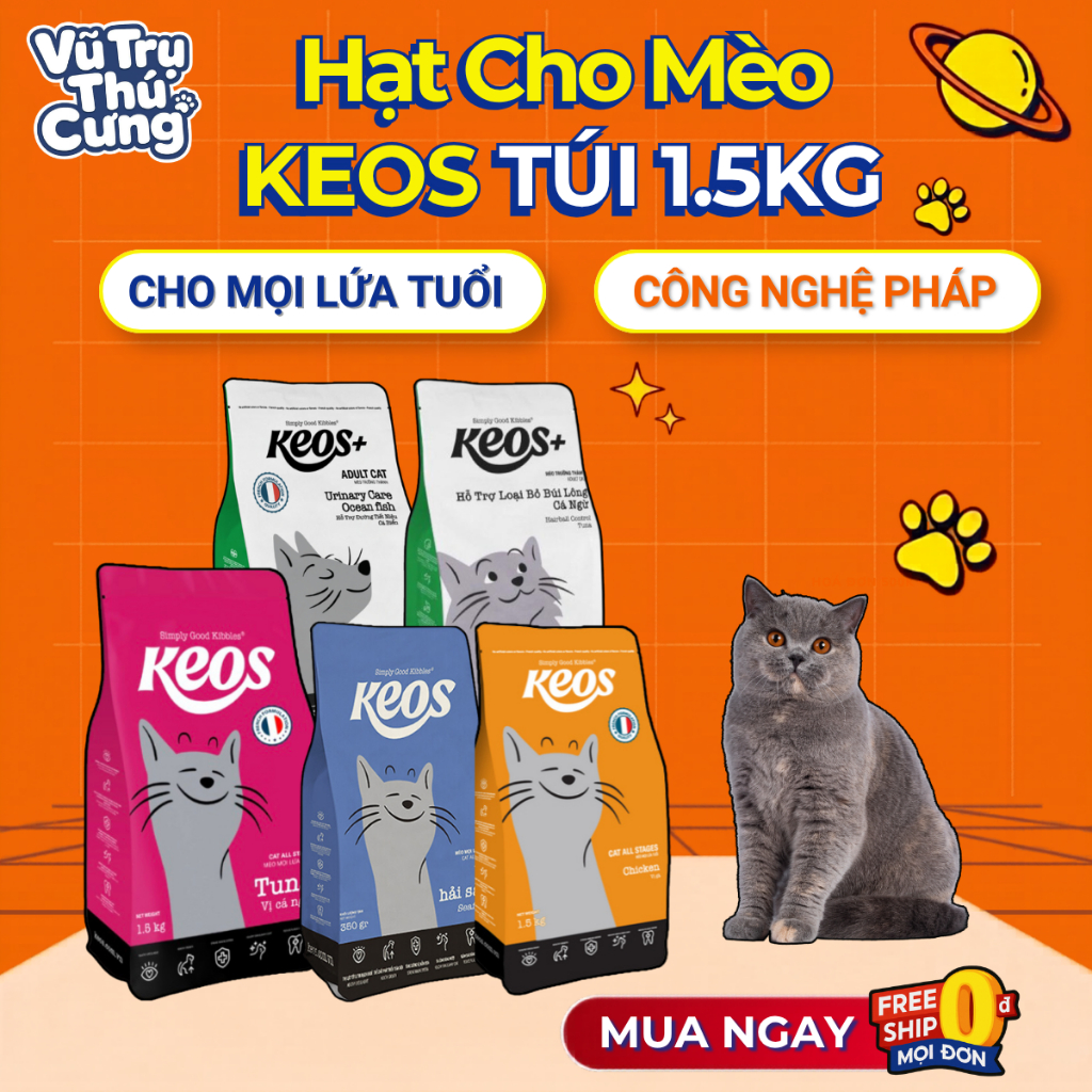 (1.5Kg) Thức Ăn Hạt Cho Mèo Keos Giúp Tiêu Búi Lông, Tiết Niệu
