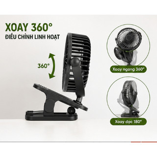 Quạt Mini Kẹp Bàn Tích Điện HGHOME 3 Chế Độ Gió Siêu Mát, Xoay 360 Độ Tích Hợp Sạc USB Tiện Lợi Pin 3000mAh