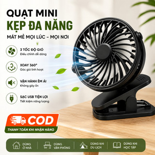 Quạt Mini Kẹp Bàn Tích Điện HGHOME 3 Chế Độ Gió Siêu Mát, Xoay 360 Độ Tích Hợp Sạc USB Tiện Lợi Pin 3000mAh
