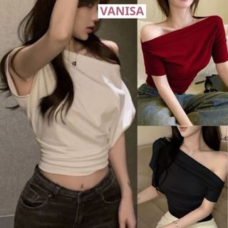 Áo thun lệch vai cánh dơi gợi cảm ngắn tay đen đỏ trắng xám VANISA CT309