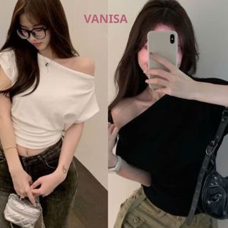 Áo thun lệch vai cánh dơi gợi cảm ngắn tay đen đỏ trắng xám VANISA CT309