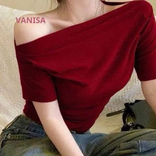 Áo thun lệch vai cánh dơi gợi cảm ngắn tay đen đỏ trắng xám VANISA CT309