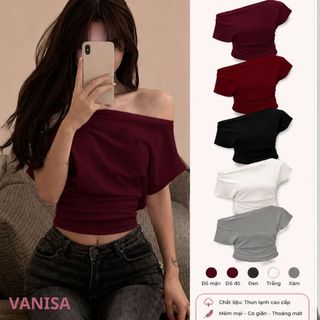 Áo trễ vai sexy vải thun co giãn ôm body dáng croptop đen trắng đỏ xám VANISA CT309