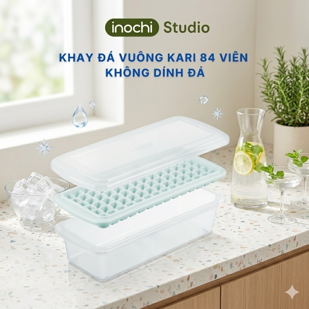 inochi Khay đá vuông Kari 84 viên NẮP + HỘP, KHÔNG DÍNH ĐÁ. Nhựa Nguyên Sinh Kháng Khuẩn Ag+