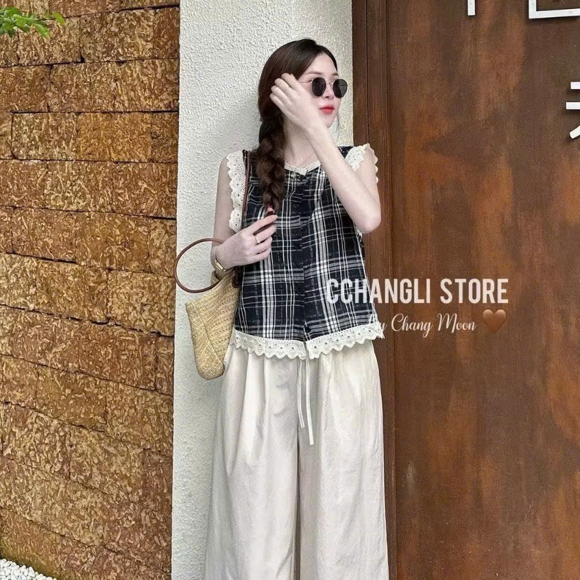 Set Bộ Áo Kẻ Sọc Phối Viền Ren Kèm Quần Đũi Ống Suông Rộng Phong Cách Vintage Mori Girl Hàn Quốc