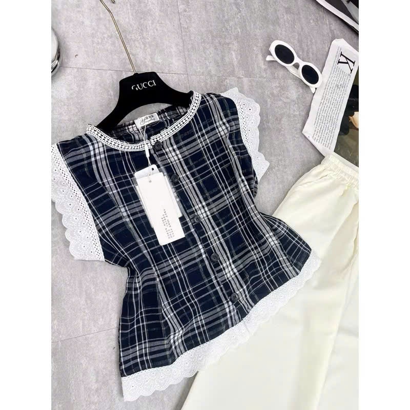 Set Bộ Áo Kẻ Sọc Phối Viền Ren Kèm Quần Đũi Ống Suông Rộng Phong Cách Vintage Mori Girl Hàn Quốc