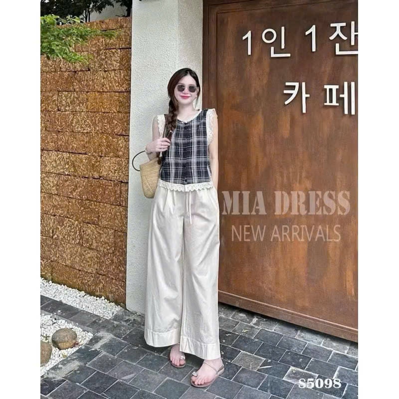 Set Bộ Áo Kẻ Sọc Phối Viền Ren Kèm Quần Đũi Ống Suông Rộng Phong Cách Vintage Mori Girl Hàn Quốc