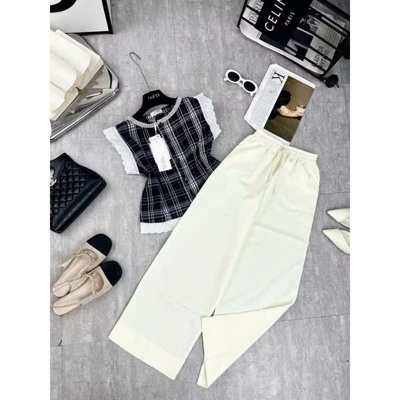 Set Bộ Áo Kẻ Sọc Phối Viền Ren Kèm Quần Đũi Ống Suông Rộng Phong Cách Vintage Mori Girl Hàn Quốc