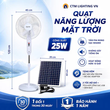 Quạt Đứng Năng Lượng Mặt Trời 25W SOLAR FAN, Quạt Tích Điện Có Dây Kết Nối 5m Kèm Adapter Sạc Ngoài