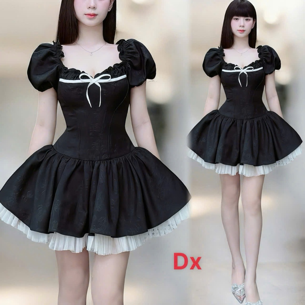 Đầm Công Chúa Dáng Ngắn Vải Xược Hàn Phối Tầng Ren Bồng Bềnh, Váy Babydoll Tay Phồng Thắt Eo Hack Dáng Đi Tiệc