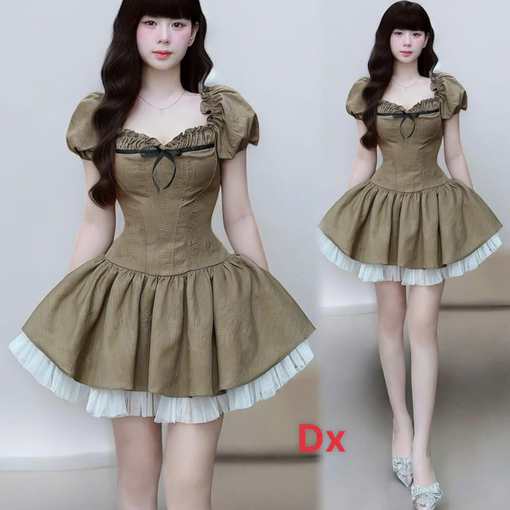 Đầm Công Chúa Dáng Ngắn Vải Xược Hàn Phối Tầng Ren Bồng Bềnh, Váy Babydoll Tay Phồng Thắt Eo Hack Dáng Đi Tiệc