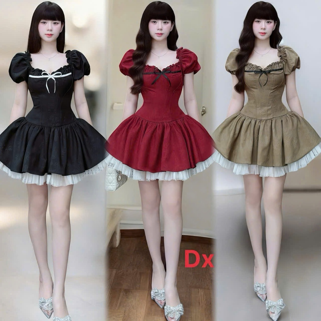 Đầm Công Chúa Dáng Ngắn Vải Xược Hàn Phối Tầng Ren Bồng Bềnh, Váy Babydoll Tay Phồng Thắt Eo Hack Dáng Đi Tiệc