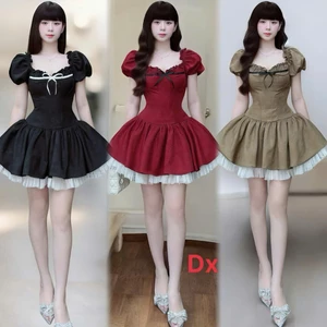 Đầm Công Chúa Dáng Ngắn Vải Xược Hàn Phối Tầng Ren Bồng Bềnh, Váy Babydoll Tay Phồng Thắt Eo Hack Dáng Đi Tiệc