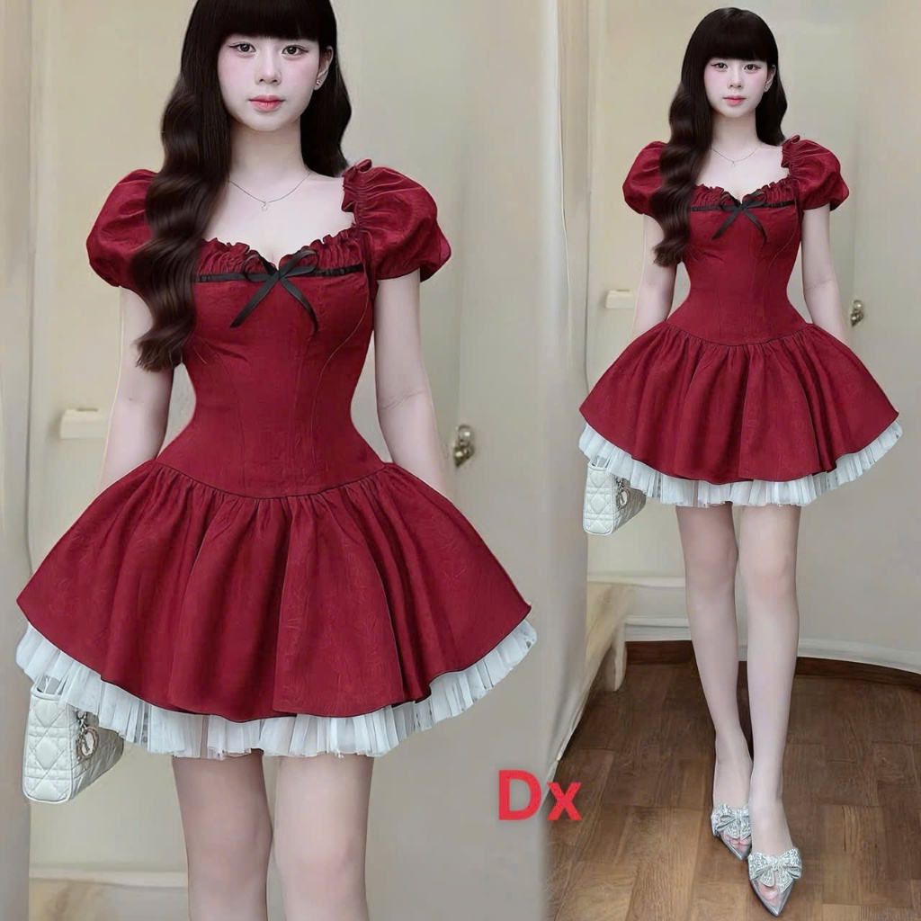 Đầm Công Chúa Dáng Ngắn Vải Xược Hàn Phối Tầng Ren Bồng Bềnh, Váy Babydoll Tay Phồng Thắt Eo Hack Dáng Đi Tiệc