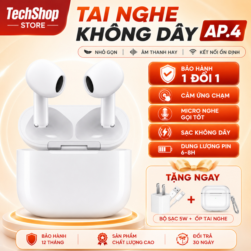 Tai Nghe Bluetooth A.P4, Không Dây, Pin 8H, Cảm Biến Tự Động, Âm Thanh Hay Cảm Ứng Mượt Tặng Quà