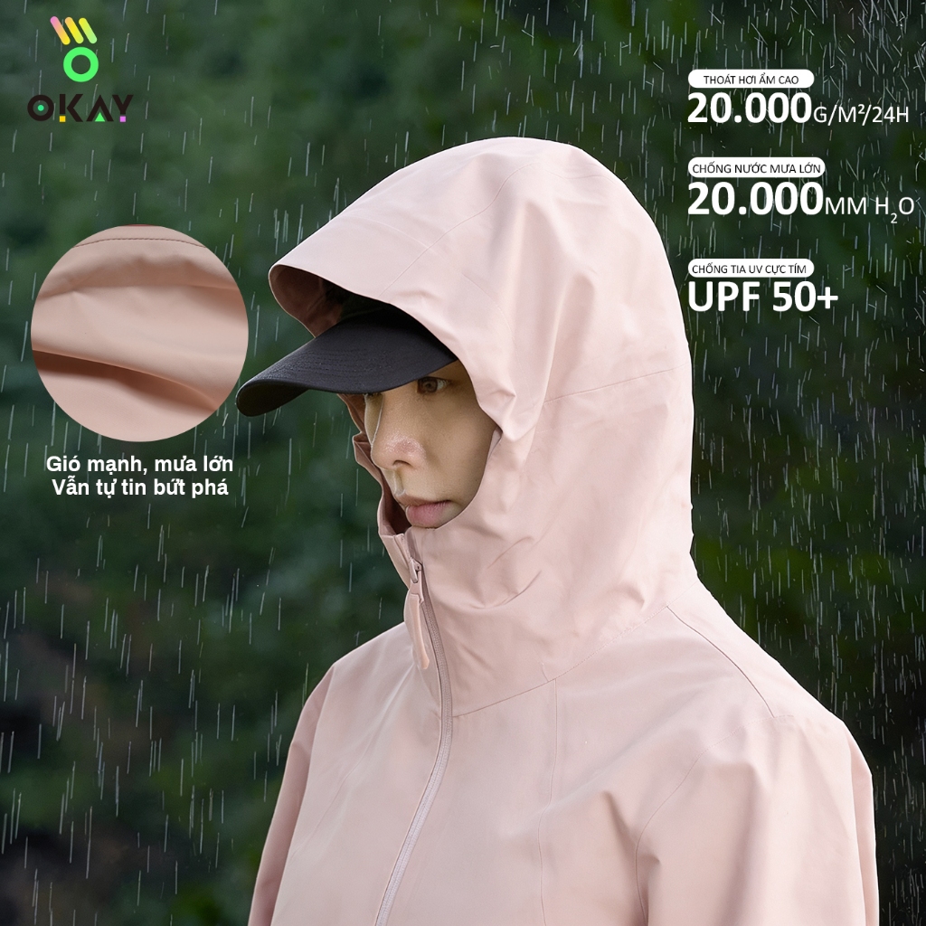Áo Khoác Chống Nước OKAY 20K Nam Nữ – Hồng Pastel, Chống UV UPF50+, Nhẹ Thoáng, Áo Khoác Daily