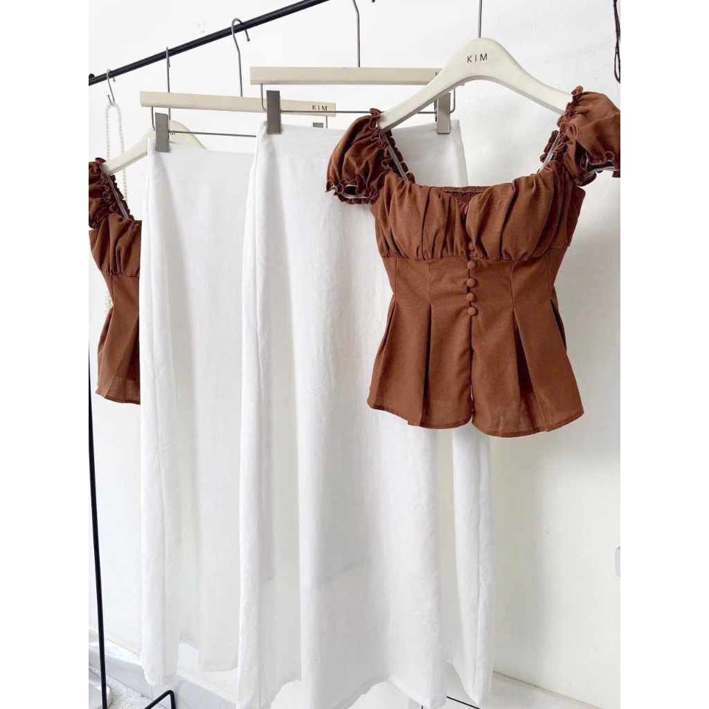 Set Bộ Nữ Chất Cotton Hàn Áo Kiểu Peplum Smocking Lưng Mix Chân Váy Dài Chữ A Dạo Phố Kiểu Nàng Thơ Đà Lạt