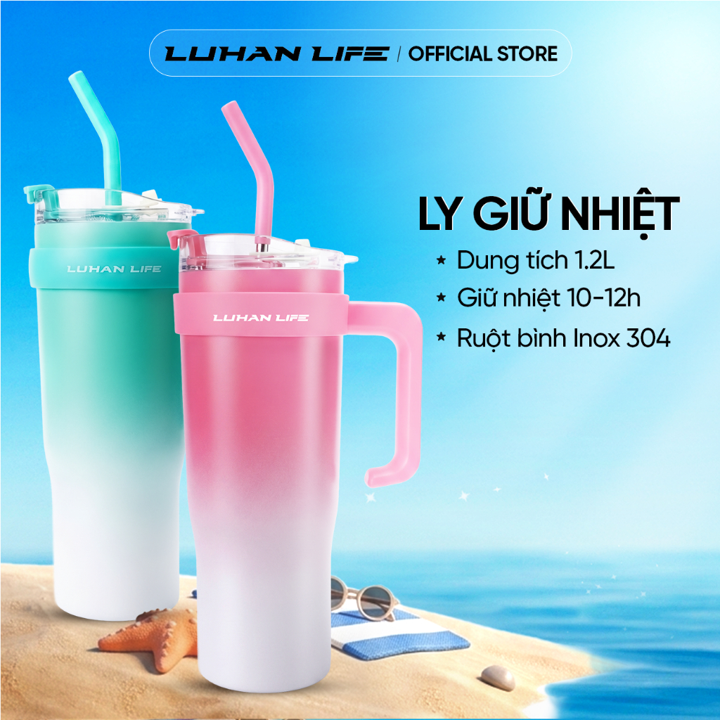 ly giữ nhiệt 1200ml Inox 304 cao cấp, cốc giữ nhiệt nhiệt nóng lạnh có quai kèm ống hút LUHANLIFE