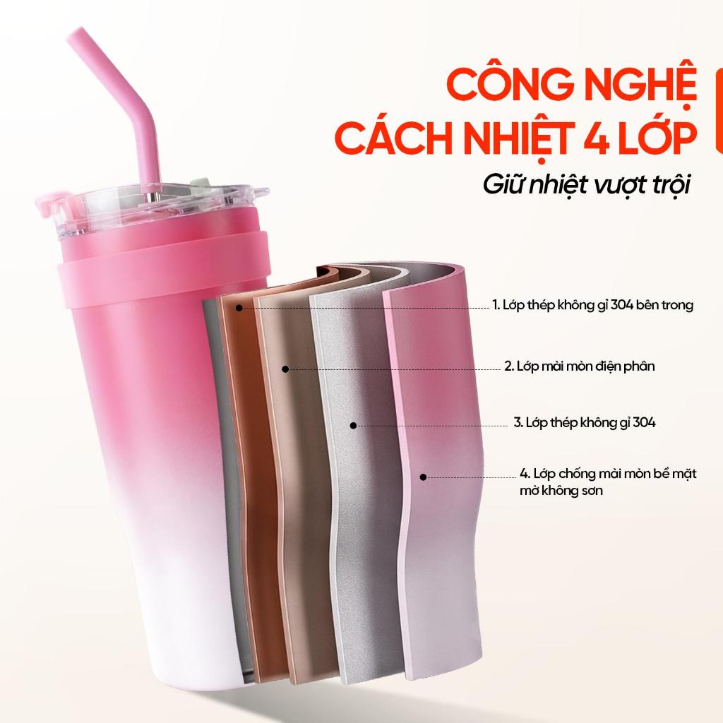 ly giữ nhiệt 1200ml Inox 304 cao cấp, cốc giữ nhiệt nhiệt nóng lạnh có quai kèm ống hút LUHANLIFE
