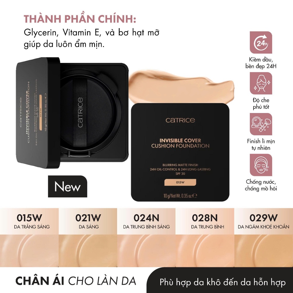 [Hàng Mới Về] Phấn nước Catrice Invisible Cover Cushion Foundation giữ nền bền lì 24h dành cho mọi loại da 10g