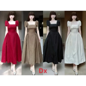 Đầm Dáng Dài Cổ Vuông Vải Rubi Cao Cấp Tay Phồng Phối Hoa Đính Đá, Váy Tiểu Thư Thiết Kế Xòe Bồng Đi Tiệc Sang Trọng