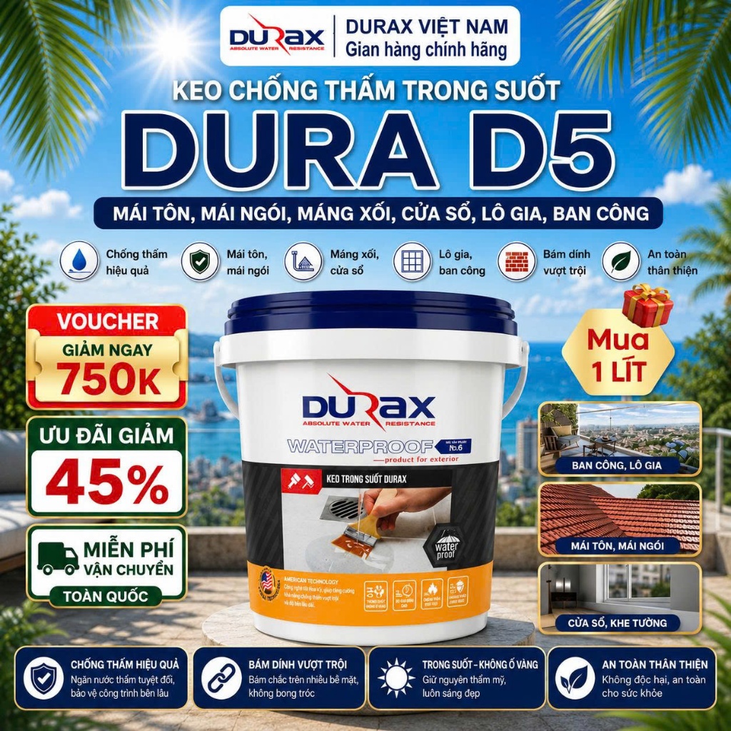 Sơn Chống Thấm Trong Suốt DURAX – Dùng Cho Sàn Mái, Tường, Cửa Sổ, Sàn, Ban Công, Máng Xối Gỗ Công Nghiệp