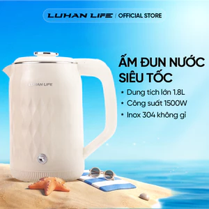 Ấm đun siêu tốc Inox 304 1.8L 1500W, Bình siêu tốc 2 lớp cách nhiệt chống bỏng cao cấp LUHANLIFE